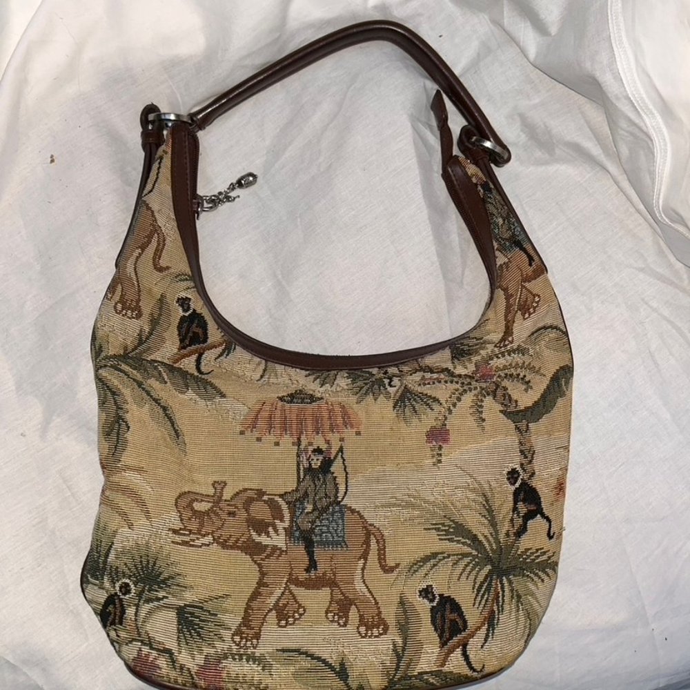 marlo ELEPHANT monkeysTropical print leather trim tapestry shoulder bag